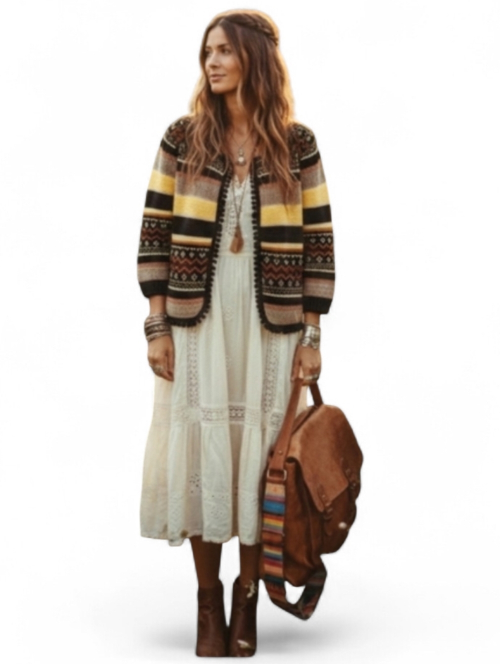 Bohemian Geometric Knit Cardigan XL - Pom Pom Trim Open Front